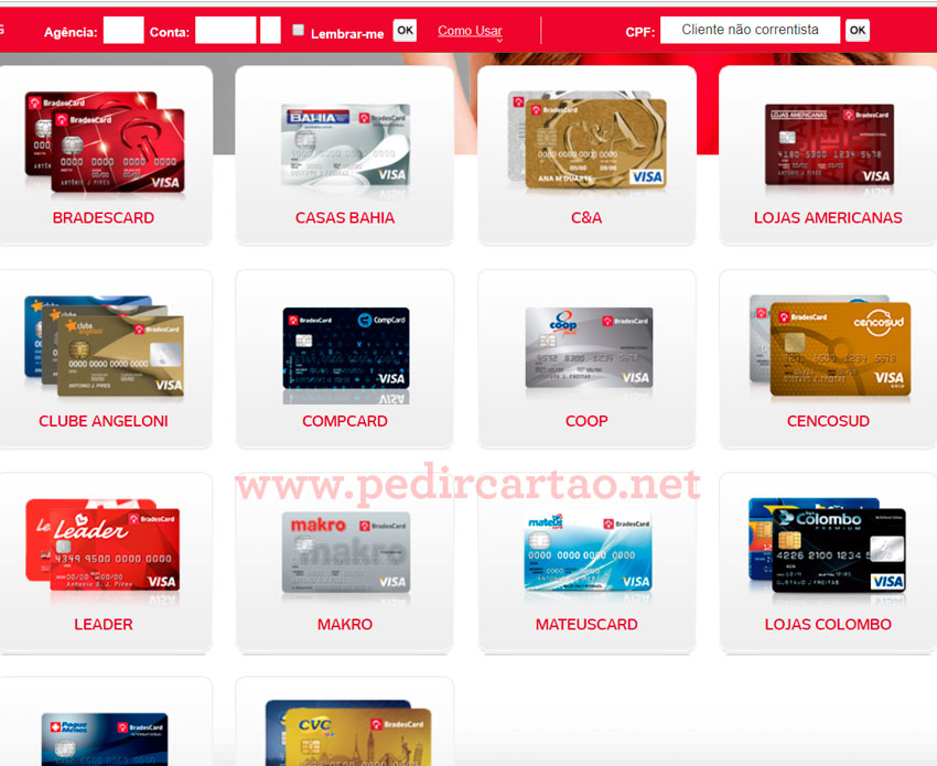 Vitrine com todos os cartões Bradesco