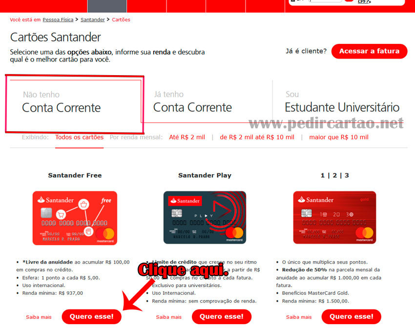 Solicitar Cartão de Crédito Santander Free não correntista