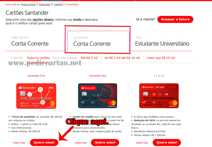 Solicitar Cartão de Crédito Santander Free correntista