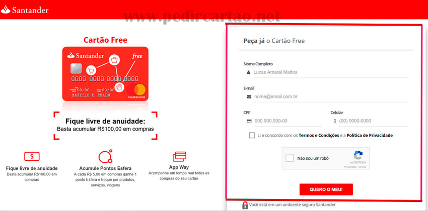 Solicitar Cartão de Crédito Santander Free não correntista